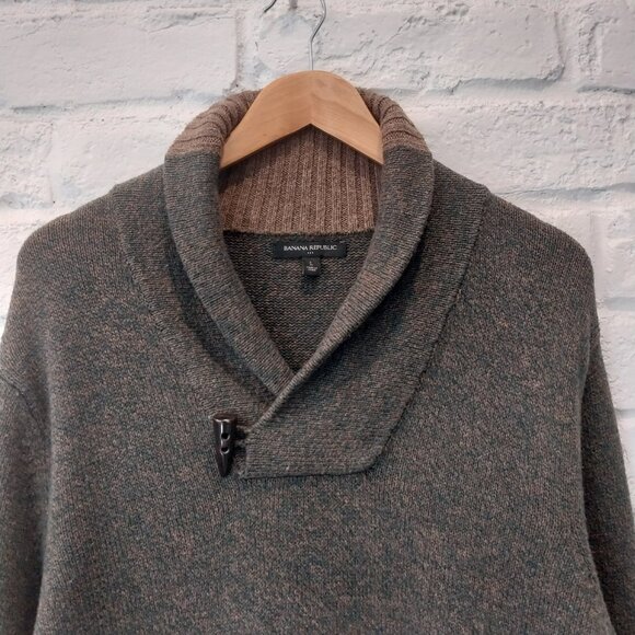 Banana Republic Sweater Mens L Green Wool Cotton Chunky Shawl Collar Horn Button - Picture 3 of 9